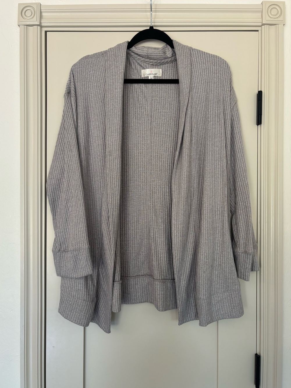 Cuddl Duds Open-Front Ribbed Cardigan Sweater Gray Cozy Soft Layering Sz L